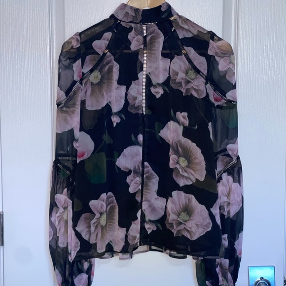 TED BAKER Theera Ladder Trim Blouse Black and Purple Floral Blouse Flowy Sheer 4 - Picture 8 of 8